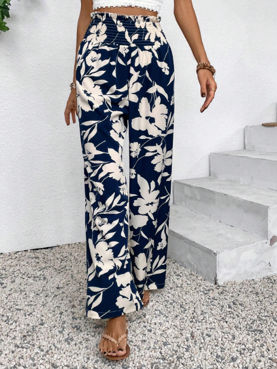 VCAY Floral Print Shirred High Waist Wide Leg Pants