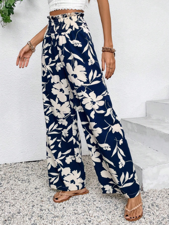 VCAY Floral Print Shirred High Waist Wide Leg Pants