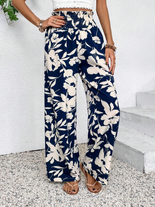 VCAY Floral Print Shirred High Waist Wide Leg Pants