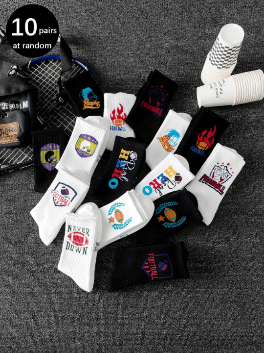 10pairs Random Multicolor Men's Personality Graffiti Basketball Sports Mid-Calf Socks Trendy New Style Couple Socks For Daily Wear