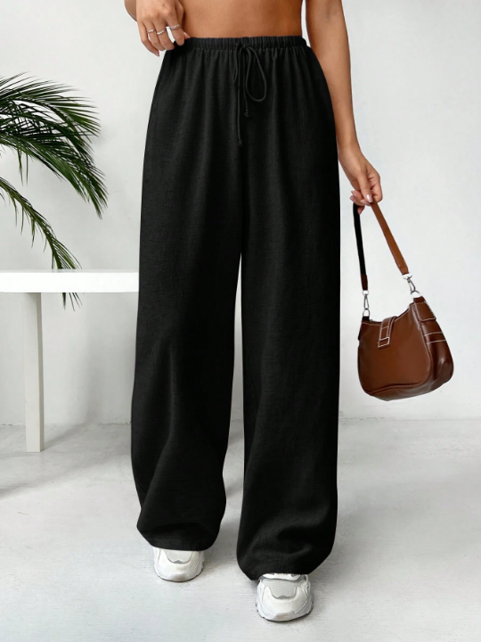 EZwear Women's Solid Color Wide Leg Casual Pants With Drawstring Waist