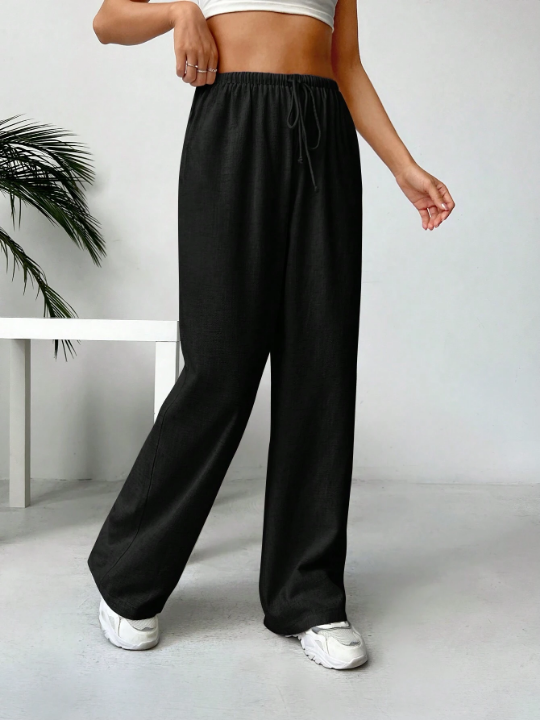 EZwear Women's Solid Color Wide Leg Casual Pants With Drawstring Waist