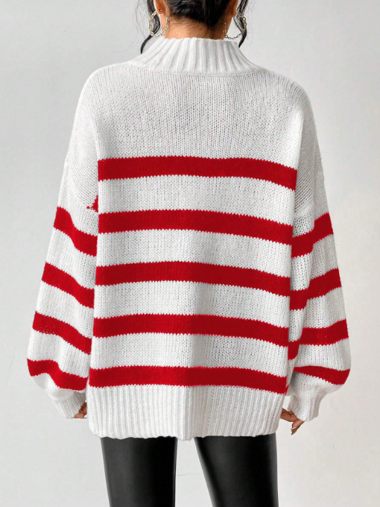 Essnce Color-Block Striped Loose Sweater With Stand Collar And Drop Shoulder Design