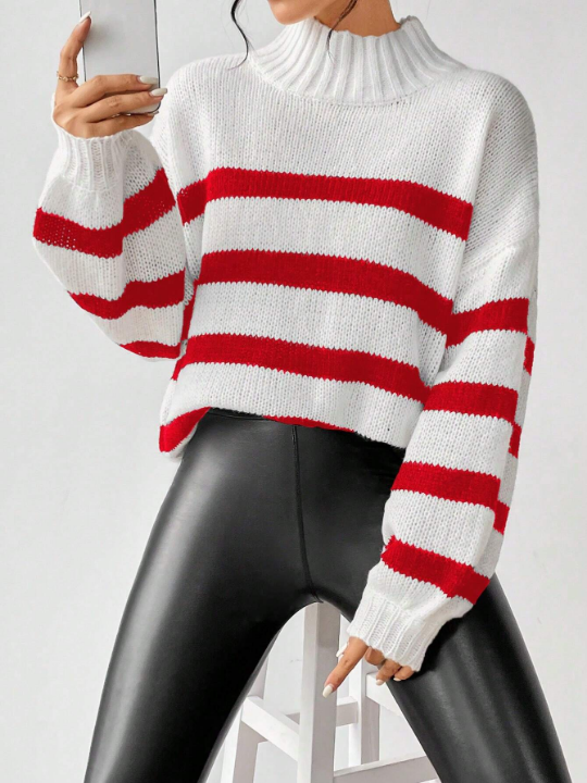 Essnce Color-Block Striped Loose Sweater With Stand Collar And Drop Shoulder Design