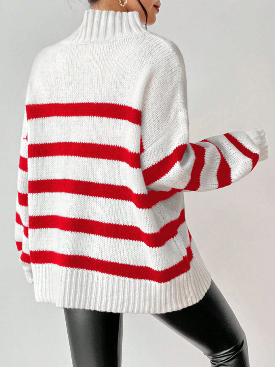 Essnce Color-Block Striped Loose Sweater With Stand Collar And Drop Shoulder Design