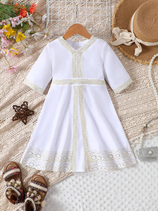 Baby Girl Embroidered Lace Long V-Neck Dress