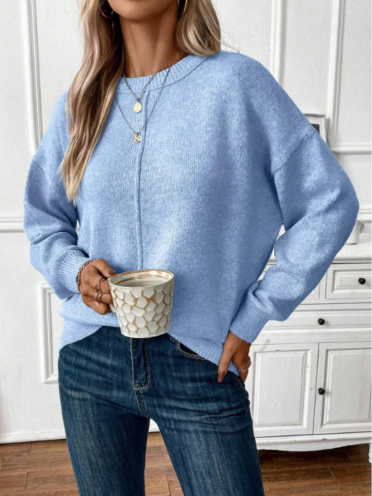 Frenchy Casual Women's Drop Shoulder Round Neck Long Sleeve Sweater