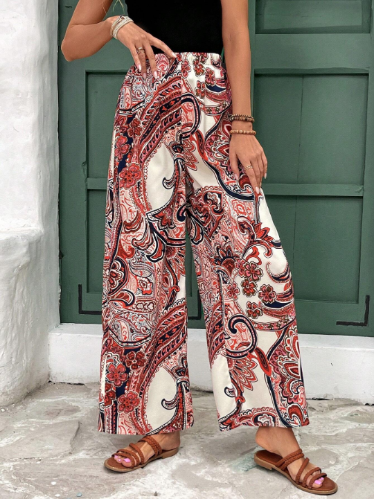 Frenchy Frenchy Ladies' Paisley Print  Casual Vacation For Music Festival In Summer Straight Wide Leg Pants With Elastic Waist For Casual Wear