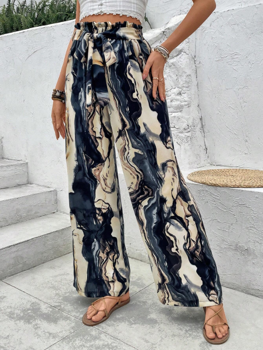 LUNE Loose Fit Marble Printed Casual Straight Leg Pants