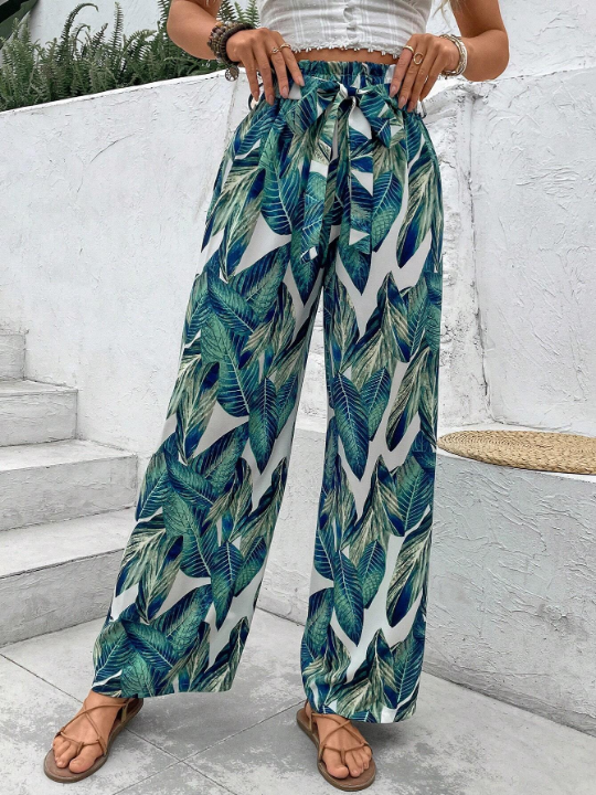 LUNE Leaf Printed Paper Bag Waist Straight-Leg Pants