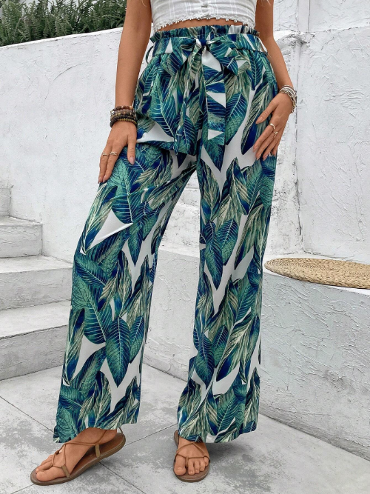 LUNE Leaf Printed Paper Bag Waist Straight-Leg Pants