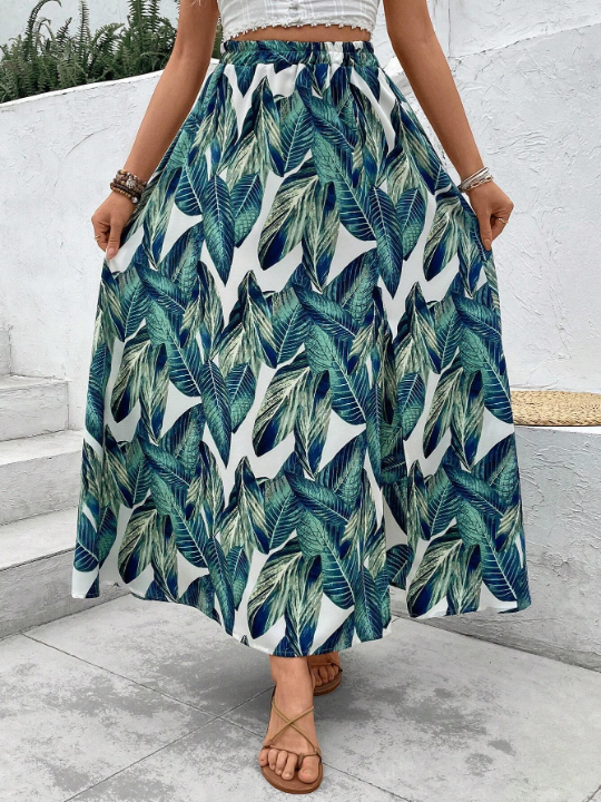 VCAY Women's Tropical Plant Print Random Cut Split Hem Midi Skirt