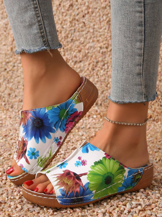 Summer Women's Printed Casual Wedge Heels Thick-Soled Sandals With V-Shaped Opening For Height Increase, Solid Color And Trendy Floral Options