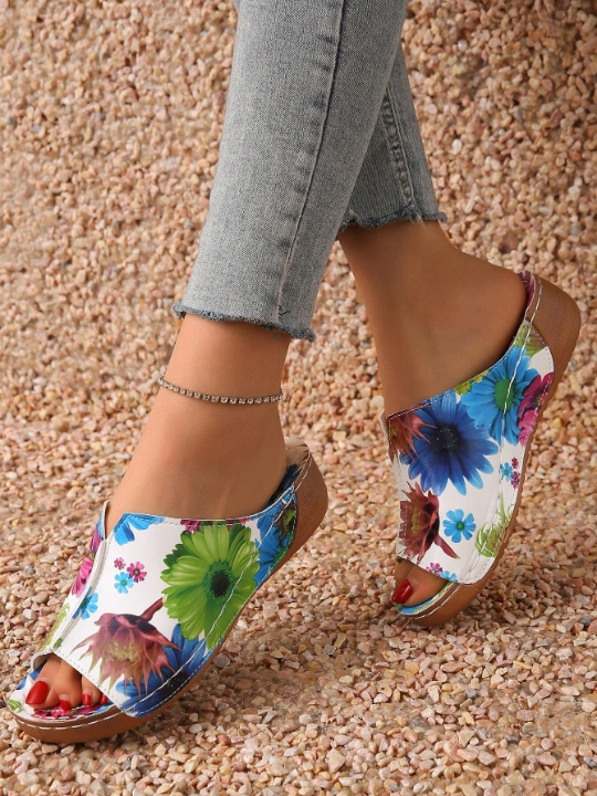 Summer Women's Printed Casual Wedge Heels Thick-Soled Sandals With V-Shaped Opening For Height Increase, Solid Color And Trendy Floral Options