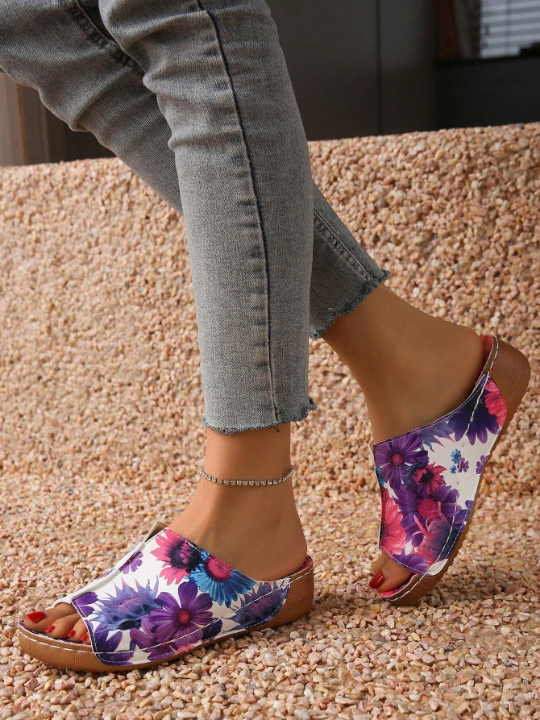 Summer Women's Printed Casual Wedge Sandals, High-Heeled V-Shaped Increased Slippers, Solid Color Fashionable Sandals