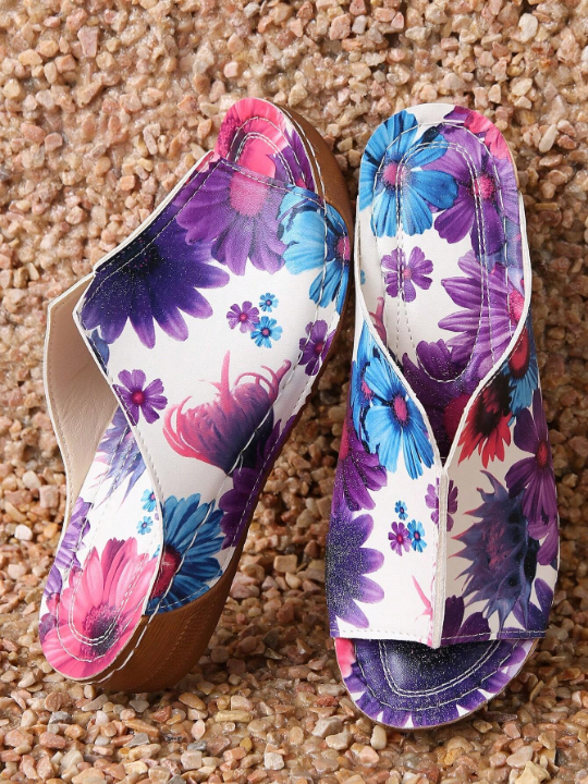 Summer Women's Printed Casual Wedge Sandals, High-Heeled V-Shaped Increased Slippers, Solid Color Fashionable Sandals