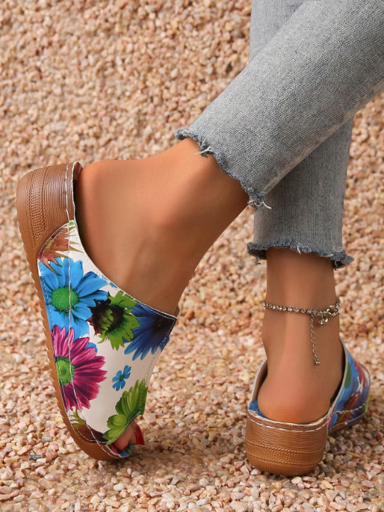 Summer Women's Printed Casual Wedge Heels Thick-Soled Sandals With V-Shaped Opening For Height Increase, Solid Color And Trendy Floral Options