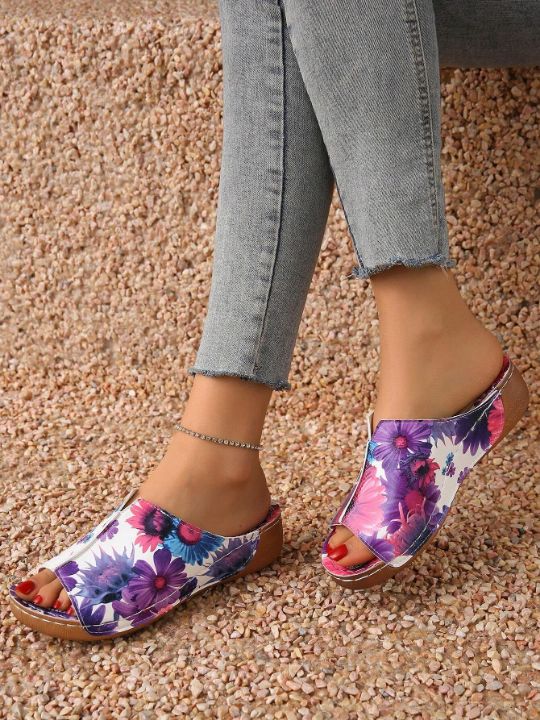 Summer Women's Printed Casual Wedge Sandals, High-Heeled V-Shaped Increased Slippers, Solid Color Fashionable Sandals