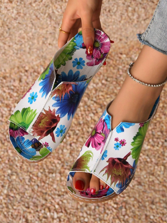 Summer Women's Printed Casual Wedge Heels Thick-Soled Sandals With V-Shaped Opening For Height Increase, Solid Color And Trendy Floral Options