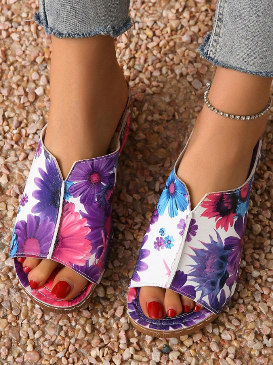 Summer Women's Printed Casual Wedge Sandals, High-Heeled V-Shaped Increased Slippers, Solid Color Fashionable Sandals