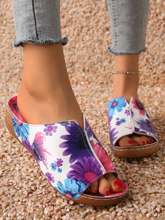 Summer Women's Printed Casual Wedge Sandals, High-Heeled V-Shaped Increased Slippers, Solid Color Fashionable Sandals