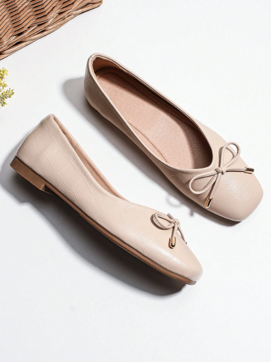 Women's Square Toe Flat Shoes With Soft Sole, Comfortable And Soft Leather Butterfly Knot Decoration