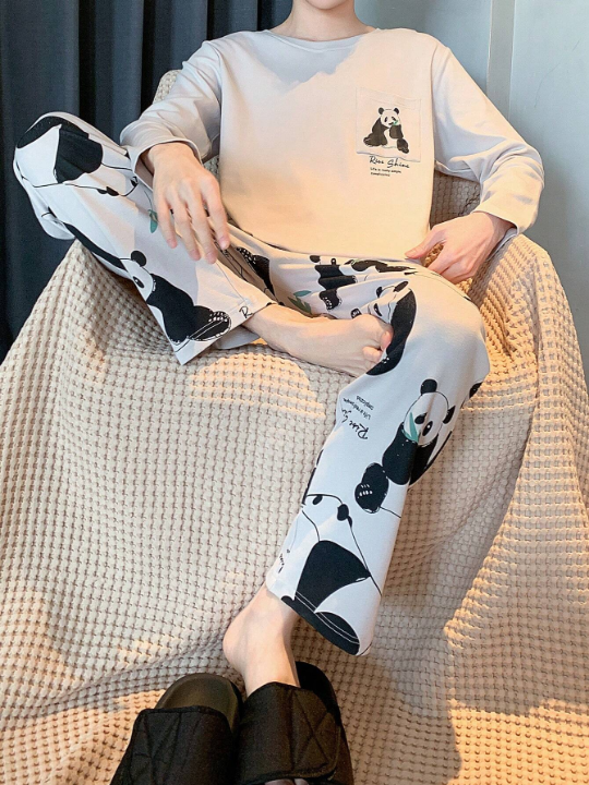 2pcs Mens' Loose Fit Pajama Set - Simple Panda Print Cartoon Design Long Sleeve Top And Long Pant, Perfect Gift For Birthday, Suitable For Spring, Summer, And Autumn Seasons