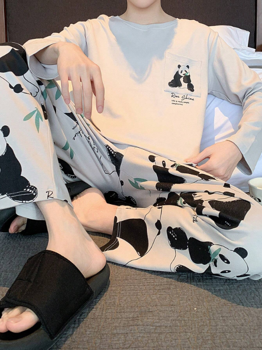 2pcs Mens' Loose Fit Pajama Set - Simple Panda Print Cartoon Design Long Sleeve Top And Long Pant, Perfect Gift For Birthday, Suitable For Spring, Summer, And Autumn Seasons