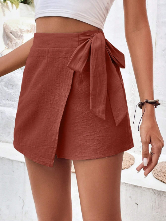 Frenchy Solid Color Cross Wrap Tie Waist Shorts