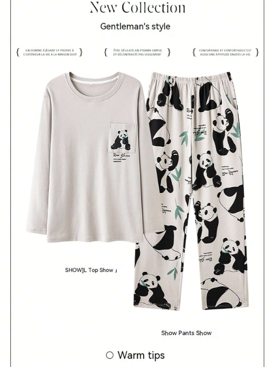 2pcs Mens' Loose Fit Pajama Set - Simple Panda Print Cartoon Design Long Sleeve Top And Long Pant, Perfect Gift For Birthday, Suitable For Spring, Summer, And Autumn Seasons