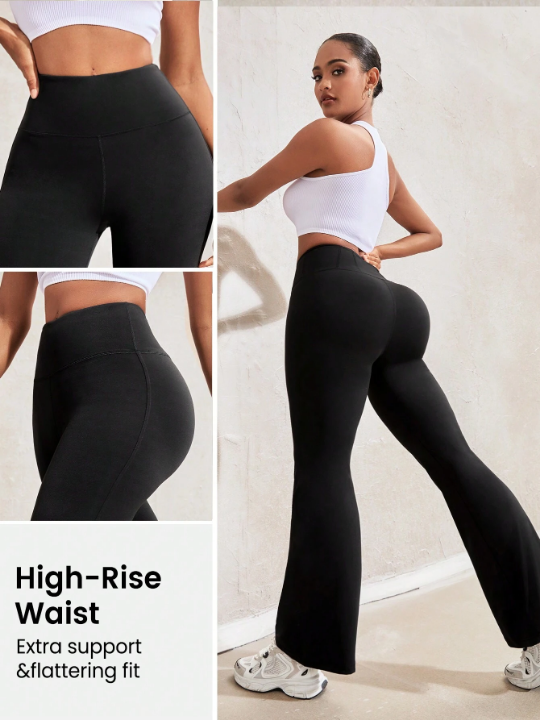 Leisure Women's High Waist Yoga Pants, Slim Fit Flared Leggings, Tummy Control Workout Running Training Pants With Pockets