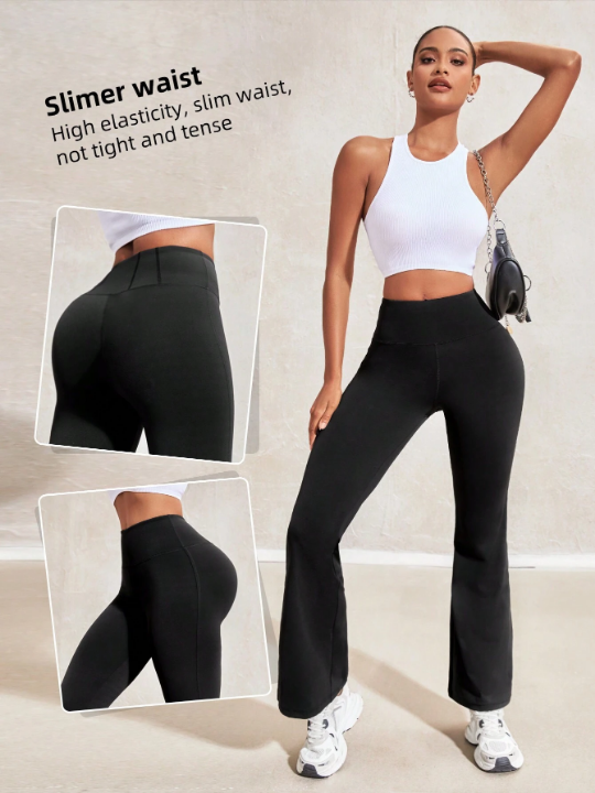 Leisure Women's High Waist Yoga Pants, Slim Fit Flared Leggings, Tummy Control Workout Running Training Pants With Pockets