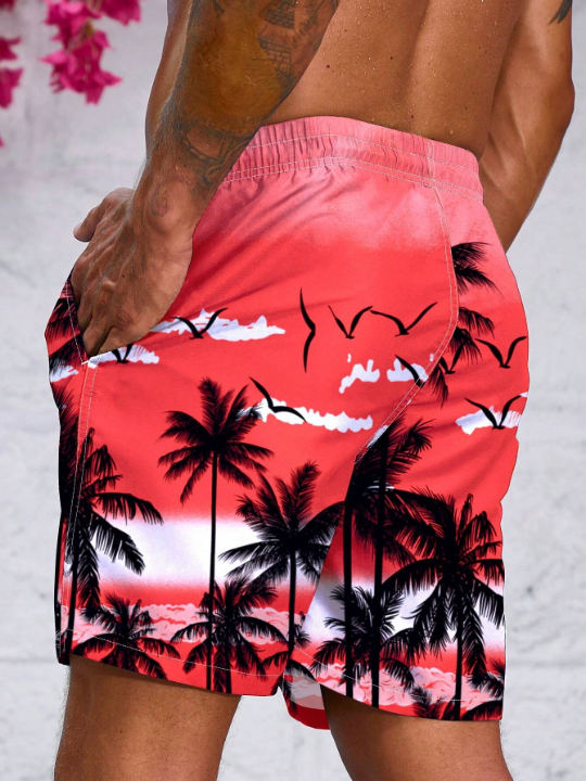 Manfinity Swimmode Men's Palm Tree Printed Drawstring Waist Beach Shorts, Swim Shorts