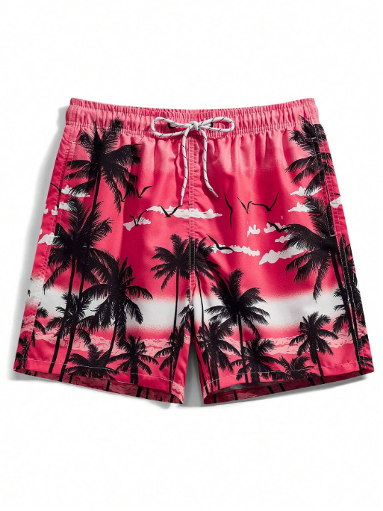 Manfinity Swimmode Men's Palm Tree Printed Drawstring Waist Beach Shorts, Swim Shorts