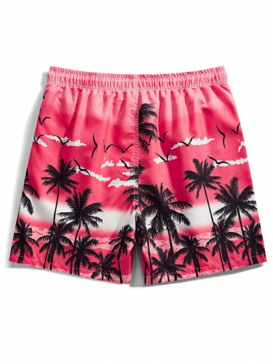 Manfinity Swimmode Men's Palm Tree Printed Drawstring Waist Beach Shorts, Swim Shorts