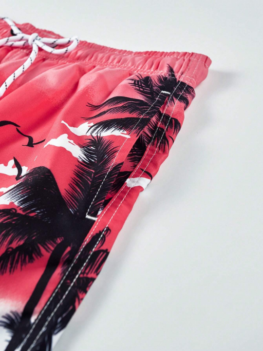 Manfinity Swimmode Men's Palm Tree Printed Drawstring Waist Beach Shorts, Swim Shorts