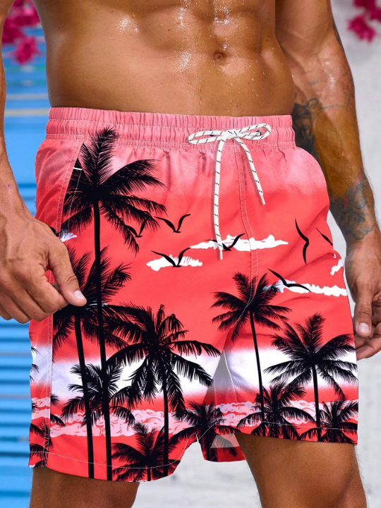 Manfinity Swimmode Men's Palm Tree Printed Drawstring Waist Beach Shorts, Swim Shorts