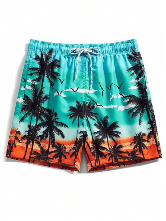 Manfinity Swimmode Men's Ombre Coconut Tree Printed Beach Shorts