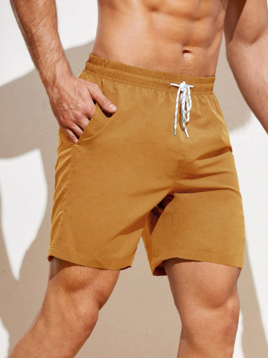 Manfinity Swimmode Men's Solid Color Drawstring Waist Beach Shorts