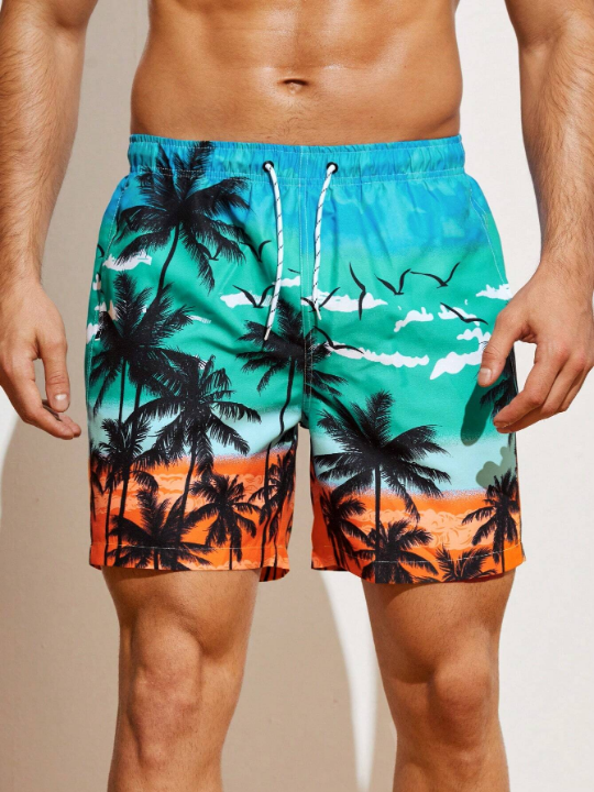 Manfinity Swimmode Men's Ombre Coconut Tree Printed Beach Shorts