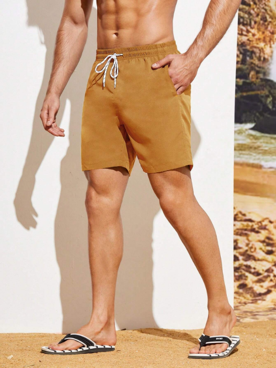 Manfinity Swimmode Men's Solid Color Drawstring Waist Beach Shorts