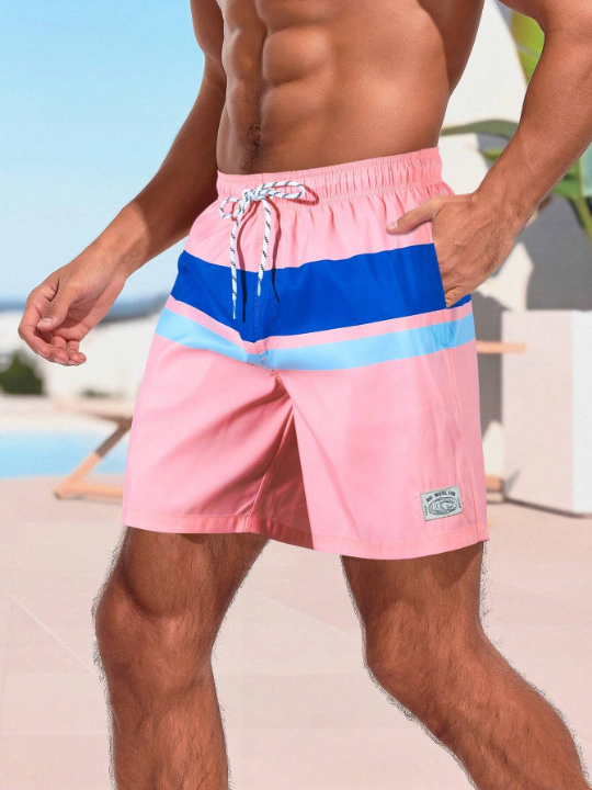 Manfinity Swimmode Men's Contrast Letter Patch Drawstring Waist Beach Shorts