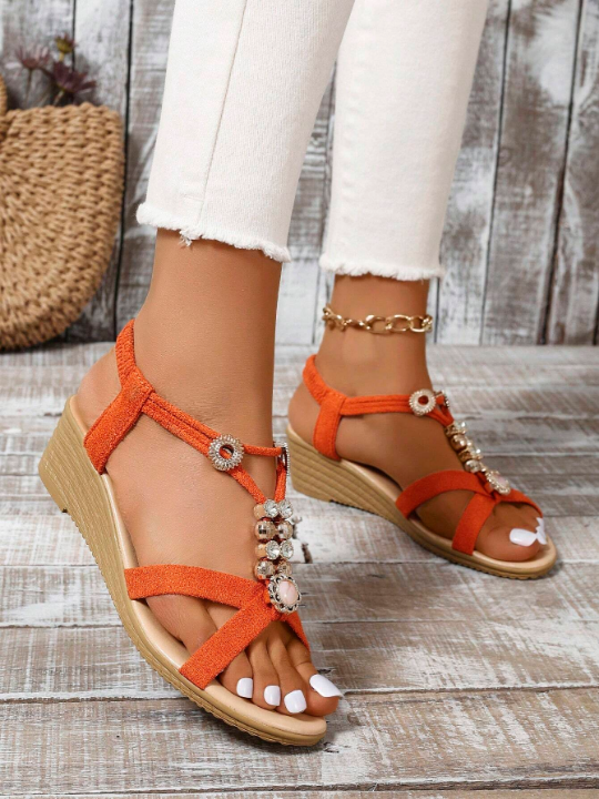 Women's Fashionable & Comfortable Round Toe, Open Toe, Strap, Rhinestone Decorated Wedge Heel Sandals In Orange