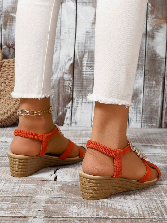 Women's Fashionable & Comfortable Round Toe, Open Toe, Strap, Rhinestone Decorated Wedge Heel Sandals In Orange