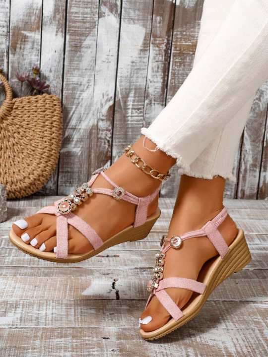 Ladies' Fashionable & Comfortable Pink Open Toe Sandals With Rhinestone Embellishment And Ankle Strap Design, Chunky Wedge Heels For Casual Wear