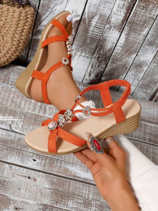 Women's Fashionable & Comfortable Round Toe, Open Toe, Strap, Rhinestone Decorated Wedge Heel Sandals In Orange