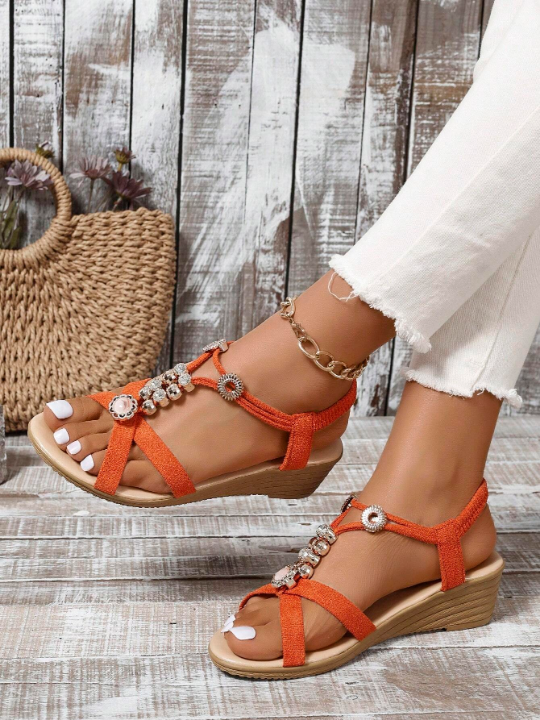 Women's Fashionable & Comfortable Round Toe, Open Toe, Strap, Rhinestone Decorated Wedge Heel Sandals In Orange