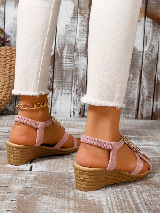 Ladies' Fashionable & Comfortable Pink Open Toe Sandals With Rhinestone Embellishment And Ankle Strap Design, Chunky Wedge Heels For Casual Wear