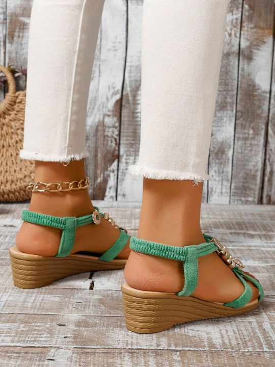 Women's Fashionable And Comfortable Open Toe Sandals With Rhinestone Strap Detail, Buckled Ankle Strap And Thick Wedge Heels For Casual Outings, Green