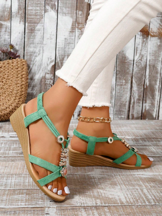 Women's Fashionable And Comfortable Open Toe Sandals With Rhinestone Strap Detail, Buckled Ankle Strap And Thick Wedge Heels For Casual Outings, Green